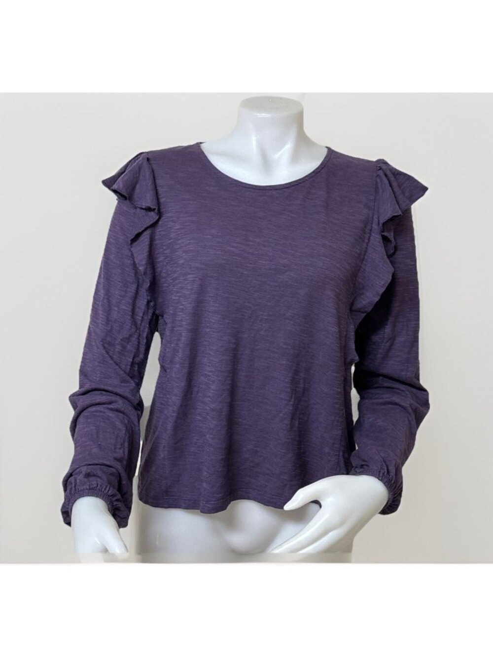 Garnet Hill Reia Ruffle Top Womens S Nightshade Plum Long Blouson Sleeve Knit
